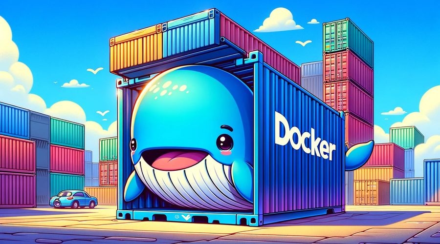Cartoon whale in a shipping container labeled ‘Docker’